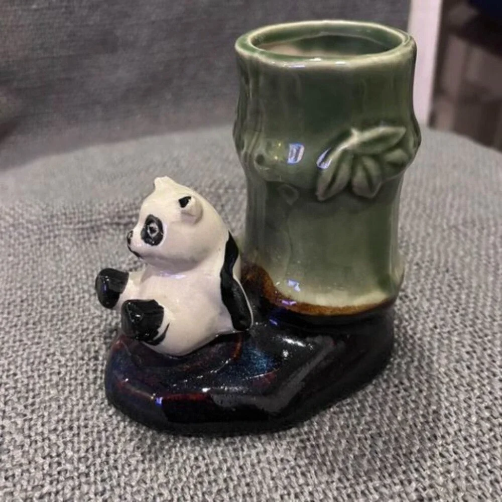 Vintage Ceramic Panda Bamboo Bud Vase Figurine Green White Black